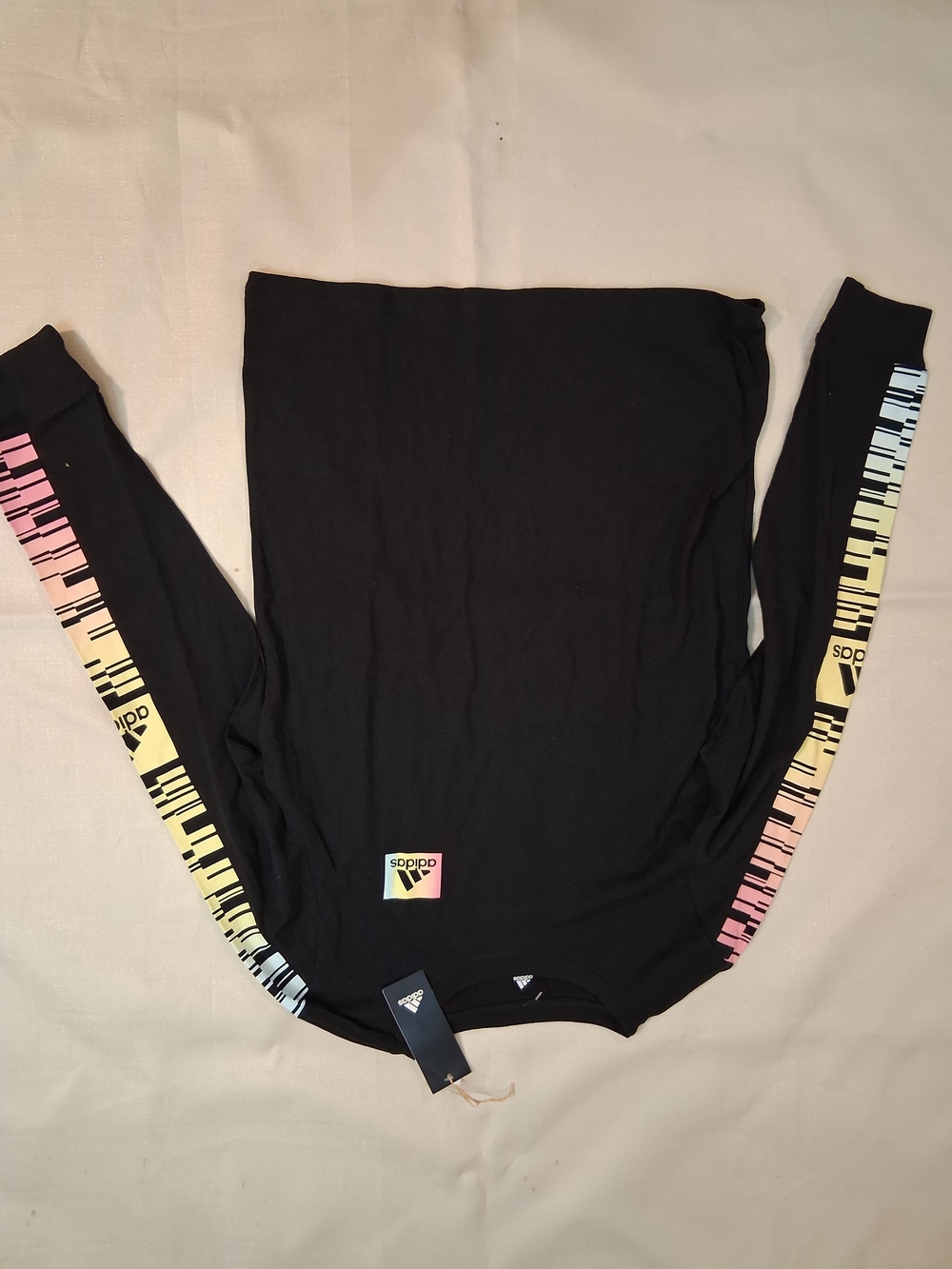 adidas Black Long Sleeve Tee with Rainbow Piano-Striped Sleeves